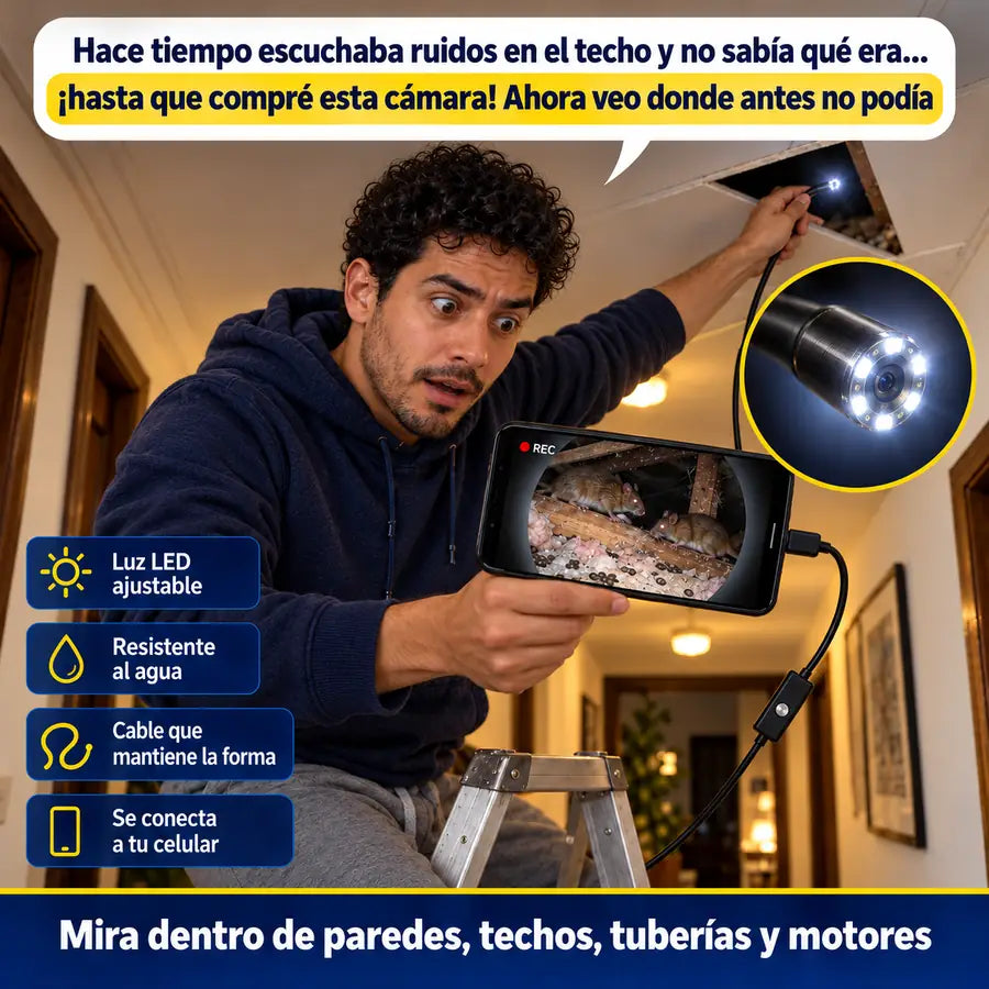 Escuchaba ruidos en el techo hasta que compré esta cámara: luz LED ajustable, resistente al agua, se conecta al celular