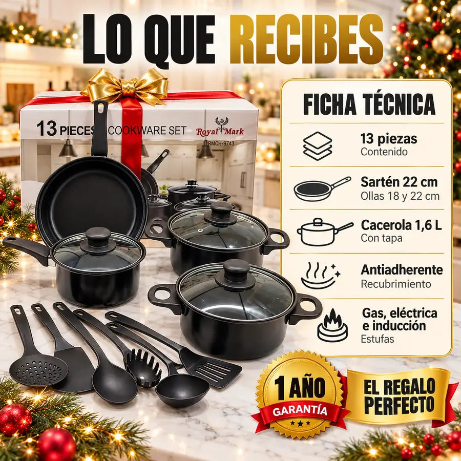 Lo que recibes: set de 13 piezas en su caja, ficha técnica y 1 año de garantía