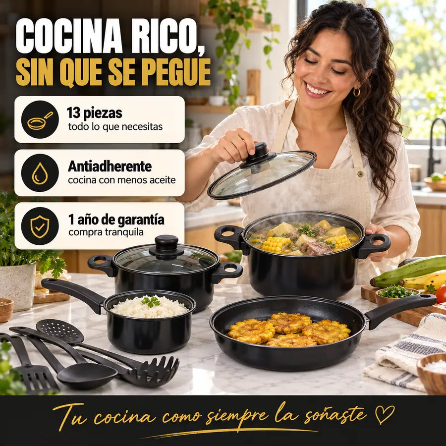 Mujer cocinando sancocho, arroz y patacones con el set de ollas antiadherentes