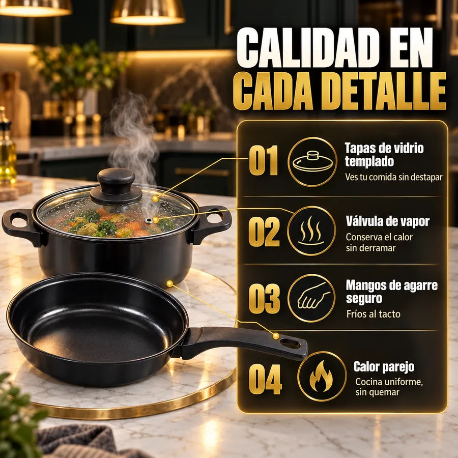 Tapas de vidrio templado, válvula de vapor, mangos de agarre seguro y calor parejo