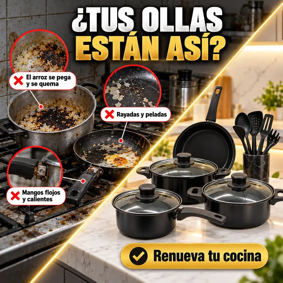 Ollas viejas quemadas y rayadas frente al nuevo set de ollas antiadherentes