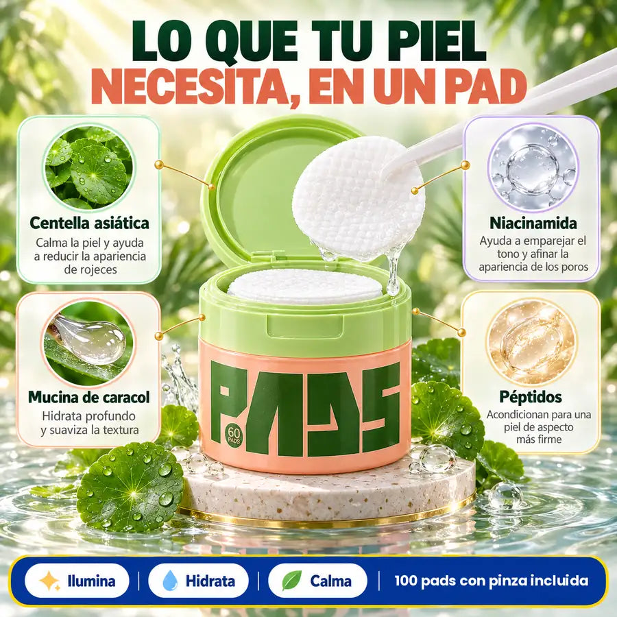 Lo que tu piel necesita en un pad: ilumina, hidrata y calma. 100 pads con pinza incluida